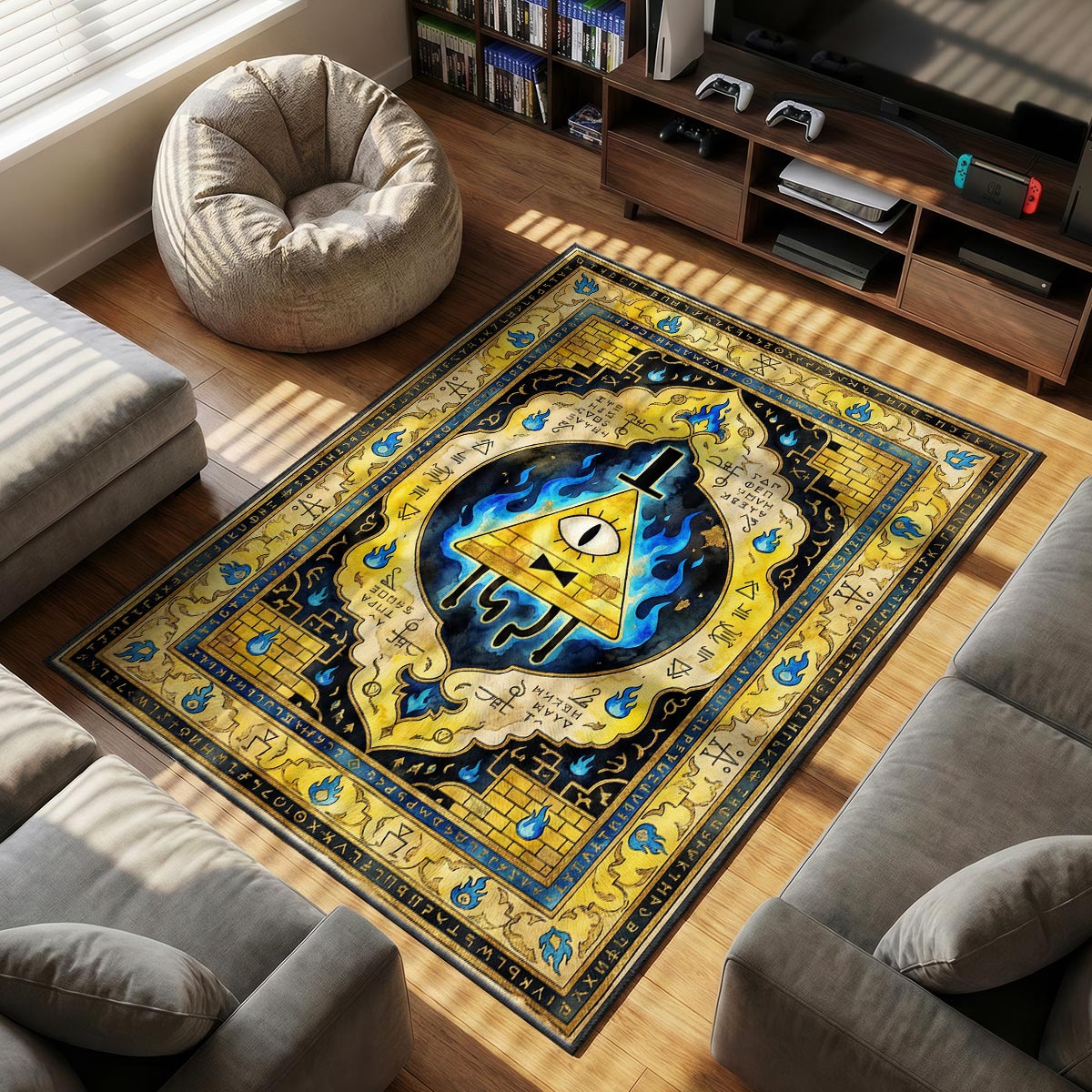 Close-up of Bill Cipher area rug showing cipher text border and blue flame dye-sublimation
