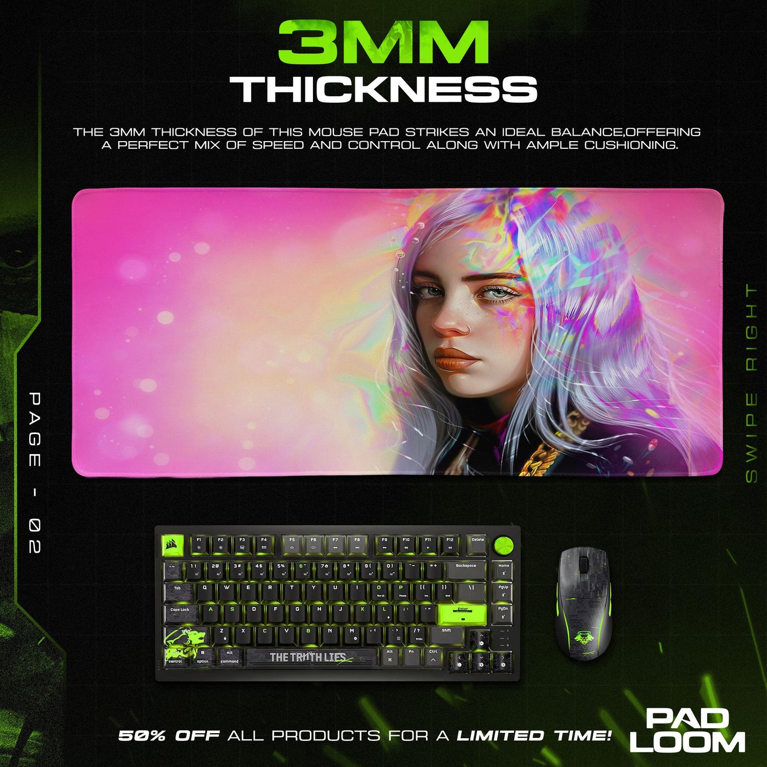 Billie Eilish Neon Portrait Mouse Pad, Gamer Desk Mat Padloom