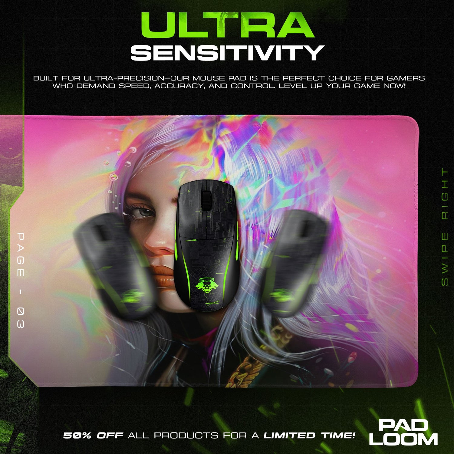 Billie Eilish Neon Portrait Mouse Pad, Gamer Desk Mat Padloom