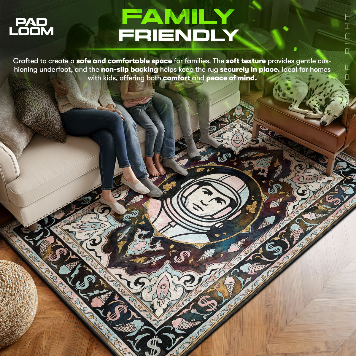 Billionaire area rug showing full home decor artwork