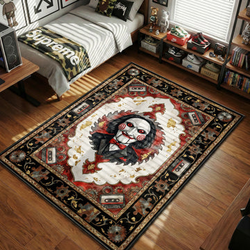 Billy the Puppet from Saw surrounded by rusty gears and cassette tapes in a distressed vintage art style movie themed area rug and home theater mat