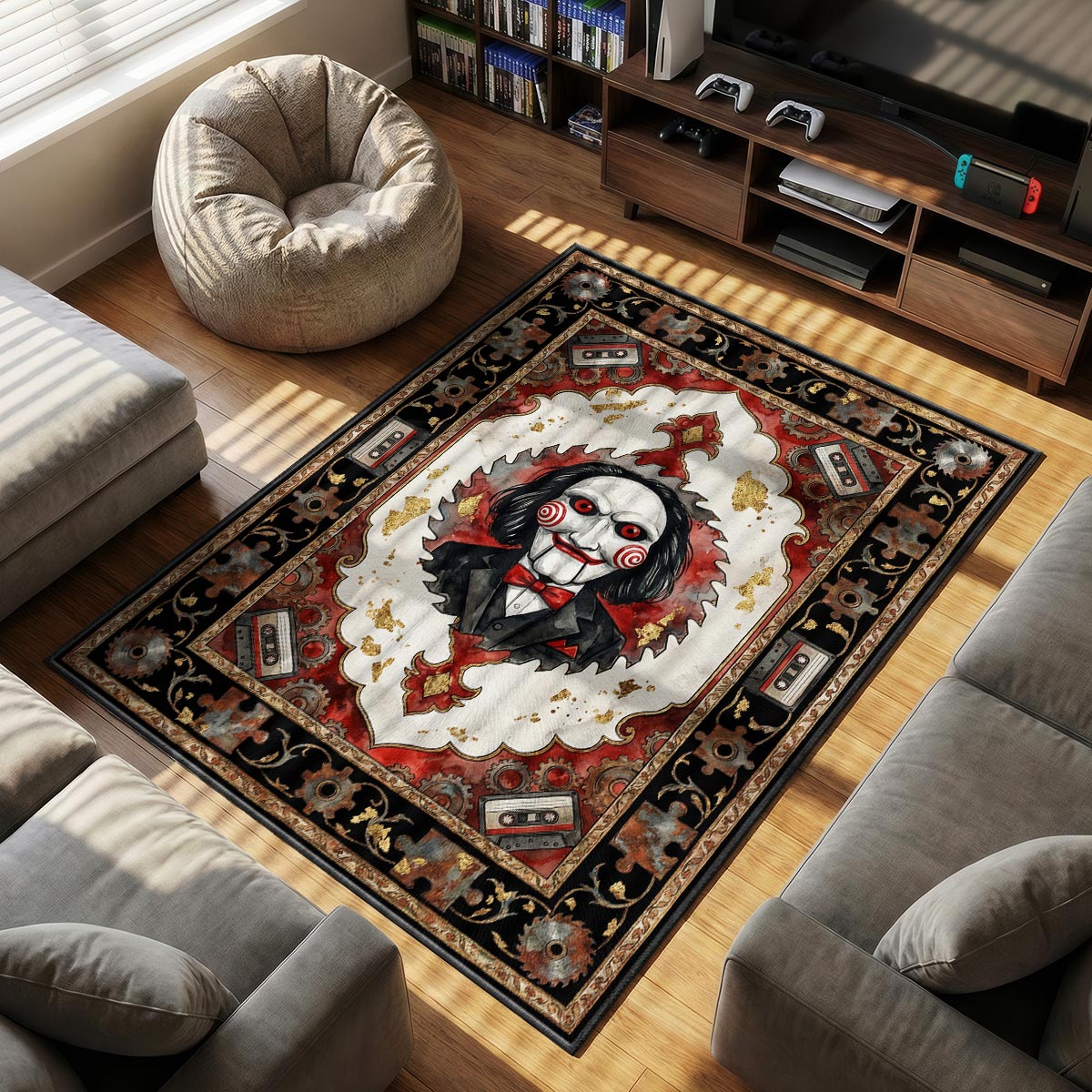 Billy Puppet themed area rug for home decor fans