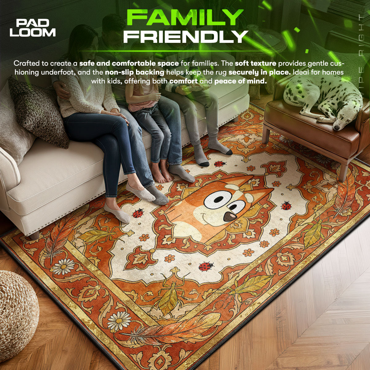 Bluey area rug showing full home decor artwork