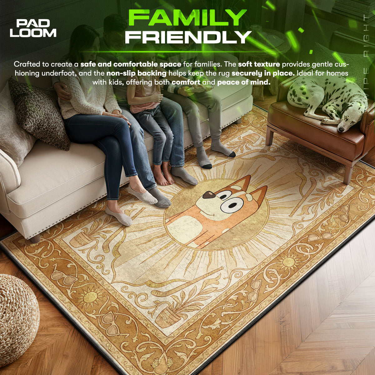 Bluey area rug showing full home decor artwork