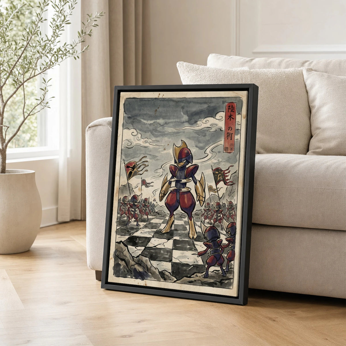 Bisharp Chessboard Pokemon poster leaning beside a sofa - living room wall art