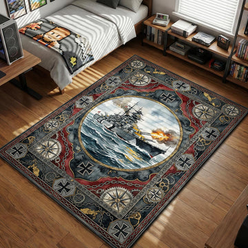 German Battleship Bismarck firing broadside with steampunk gears and iron cross border watercolor style gaming area rug and floor mat