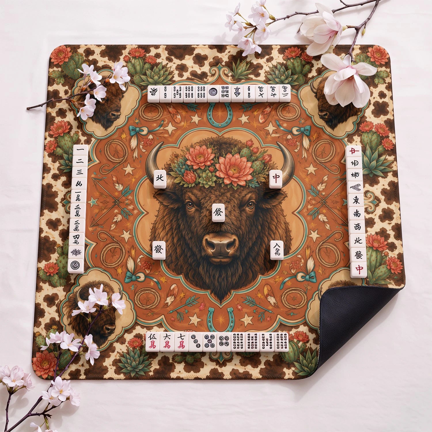 Bison Cactus design close-up on mahjong mat surface