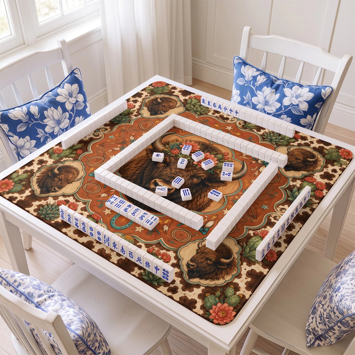Bison Cactus mahjong mat with tiles and racks on the table