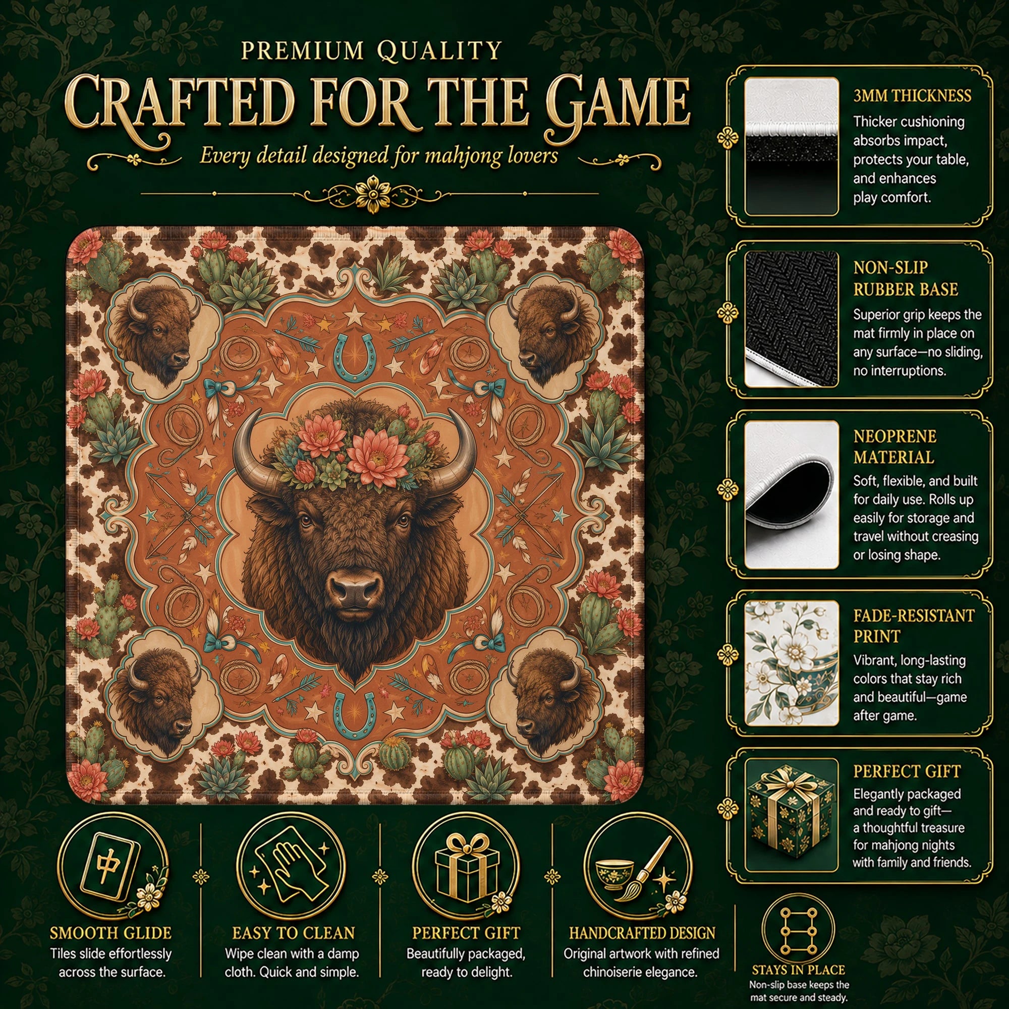 Bison Cactus Mahjong Mat – neoprene mah jongg table mat