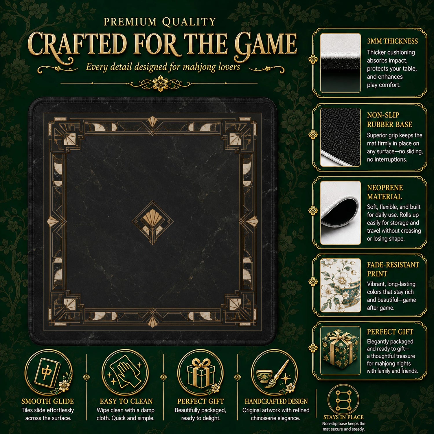 Black Art Deco Onyx Mahjong Mat - Mah Jongg Mat