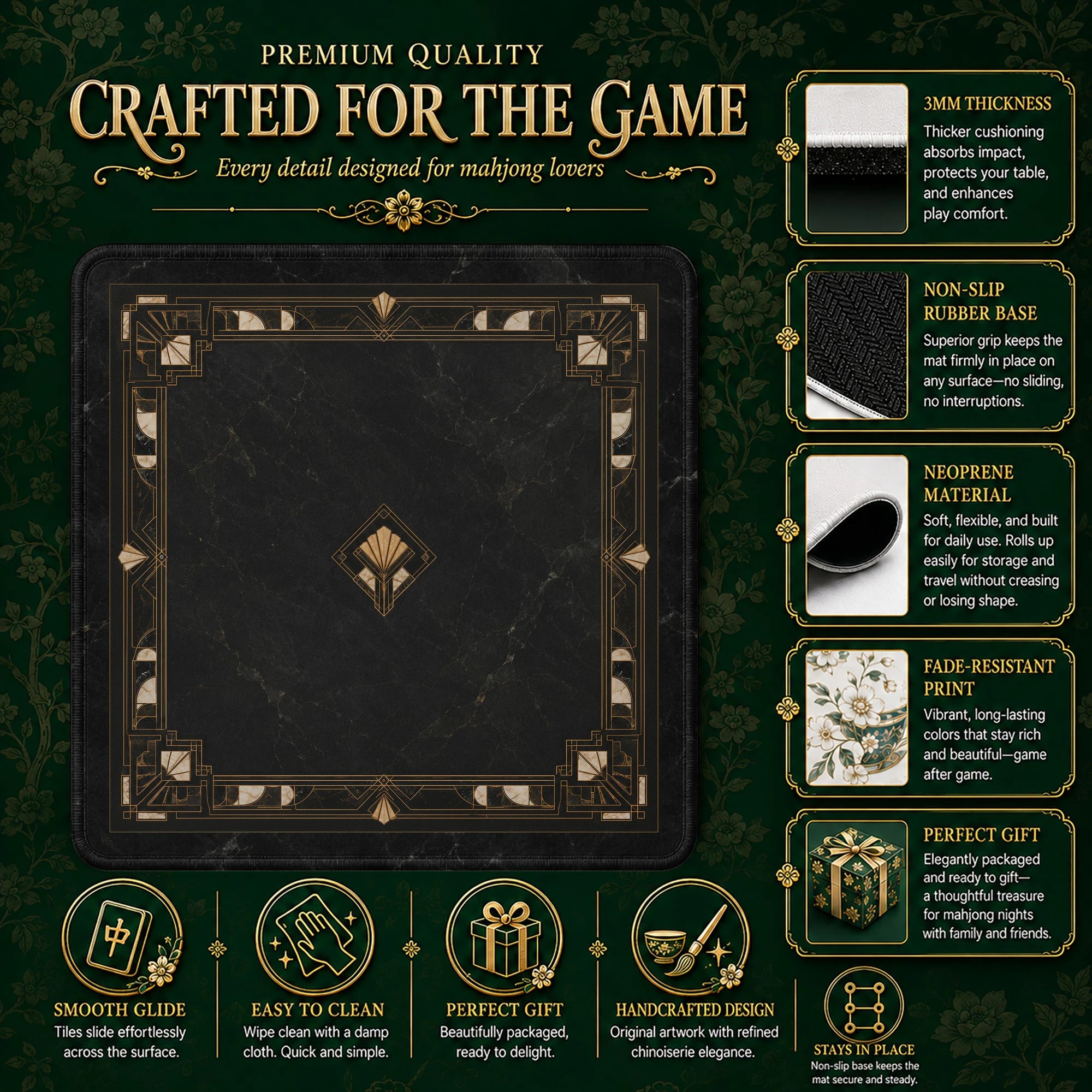 Black Art Deco Onyx Mahjong Mat - Mah Jongg Mat