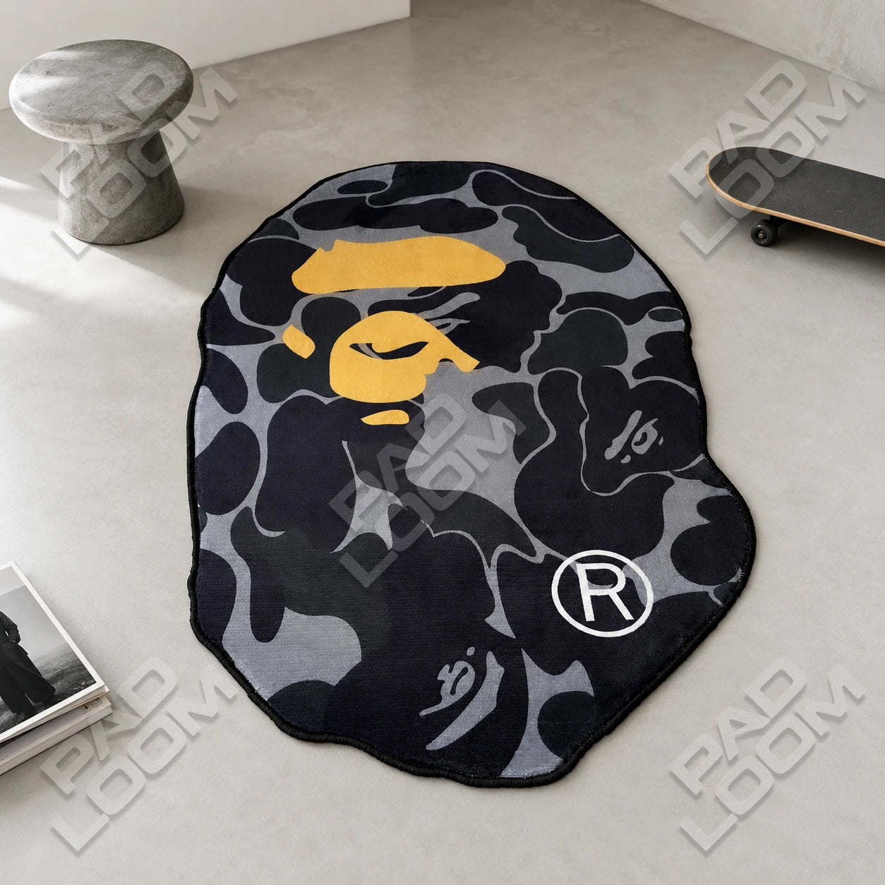 Black Bape shaped rug close-up, soft washable pile