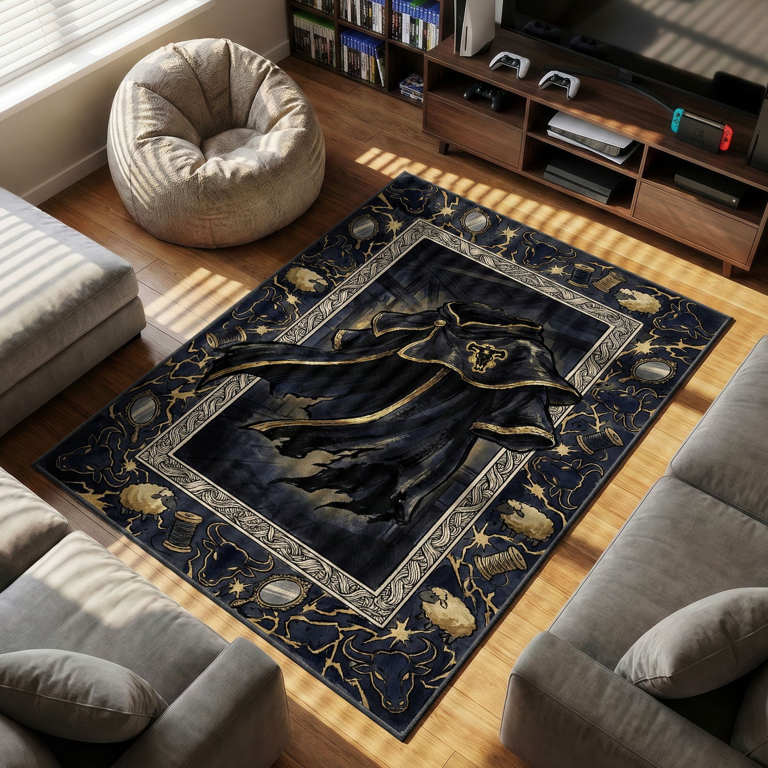 Black Bulls themed area rug for home decor fans