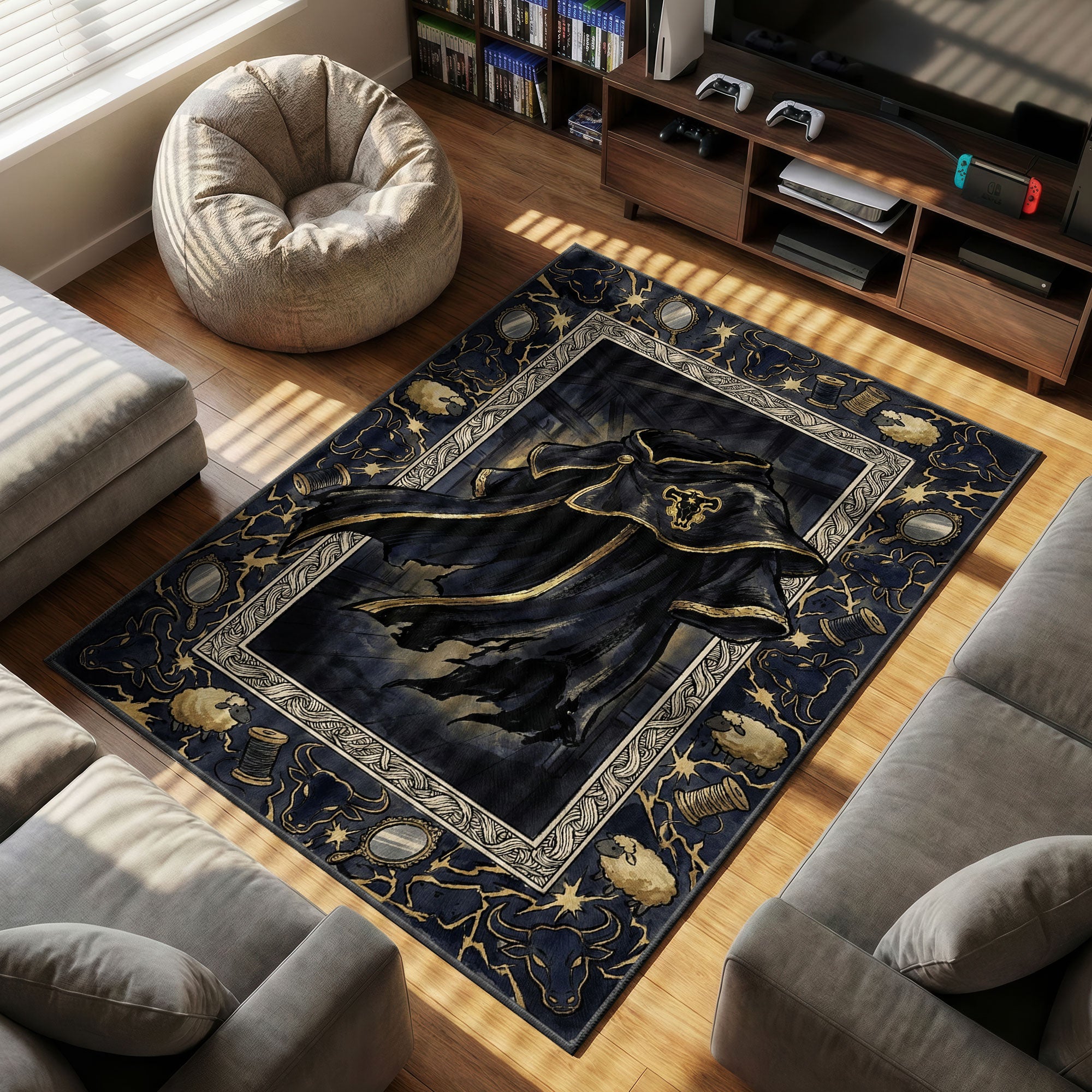 Black Bulls themed area rug for home decor fans