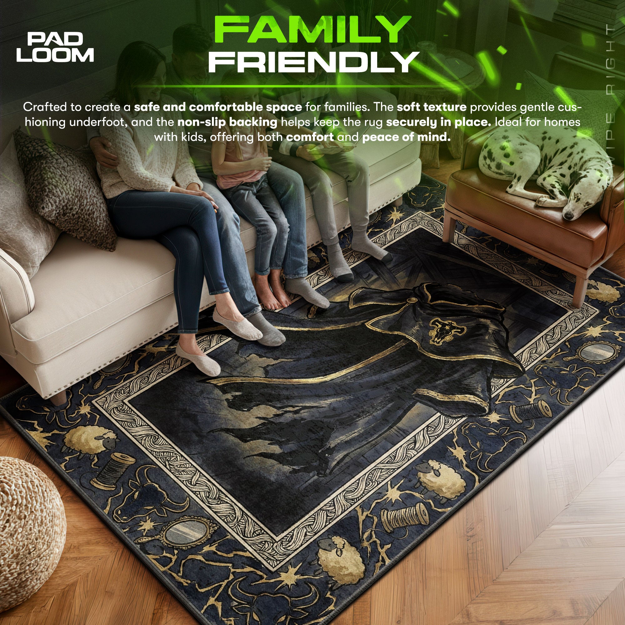 Black area rug showing full home decor artwork