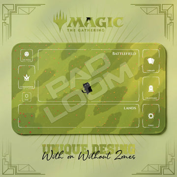 Black Cat Meadow MTG playmat, yellow and green art with play zones, 24 x 14 in