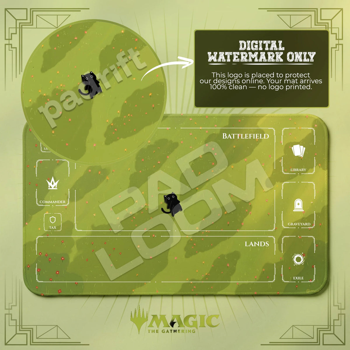 Black Cat Meadow MTG playmat with zones; the Padloom watermark is digital only, not printed