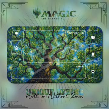 Black Cat Starry MTG playmat, green art with play zones, 24 x 14 in