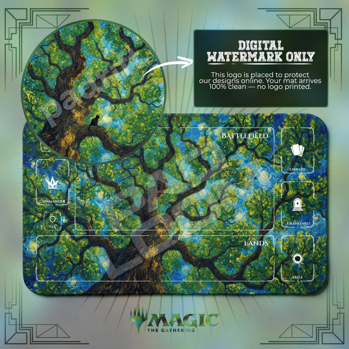 Black Cat Starry MTG playmat with zones; the Padloom watermark is digital only, not printed