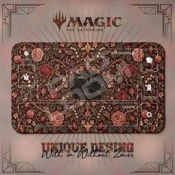 Black Cat Tapestry MTG playmat, brown and red art with play zones, 24 x 14 in