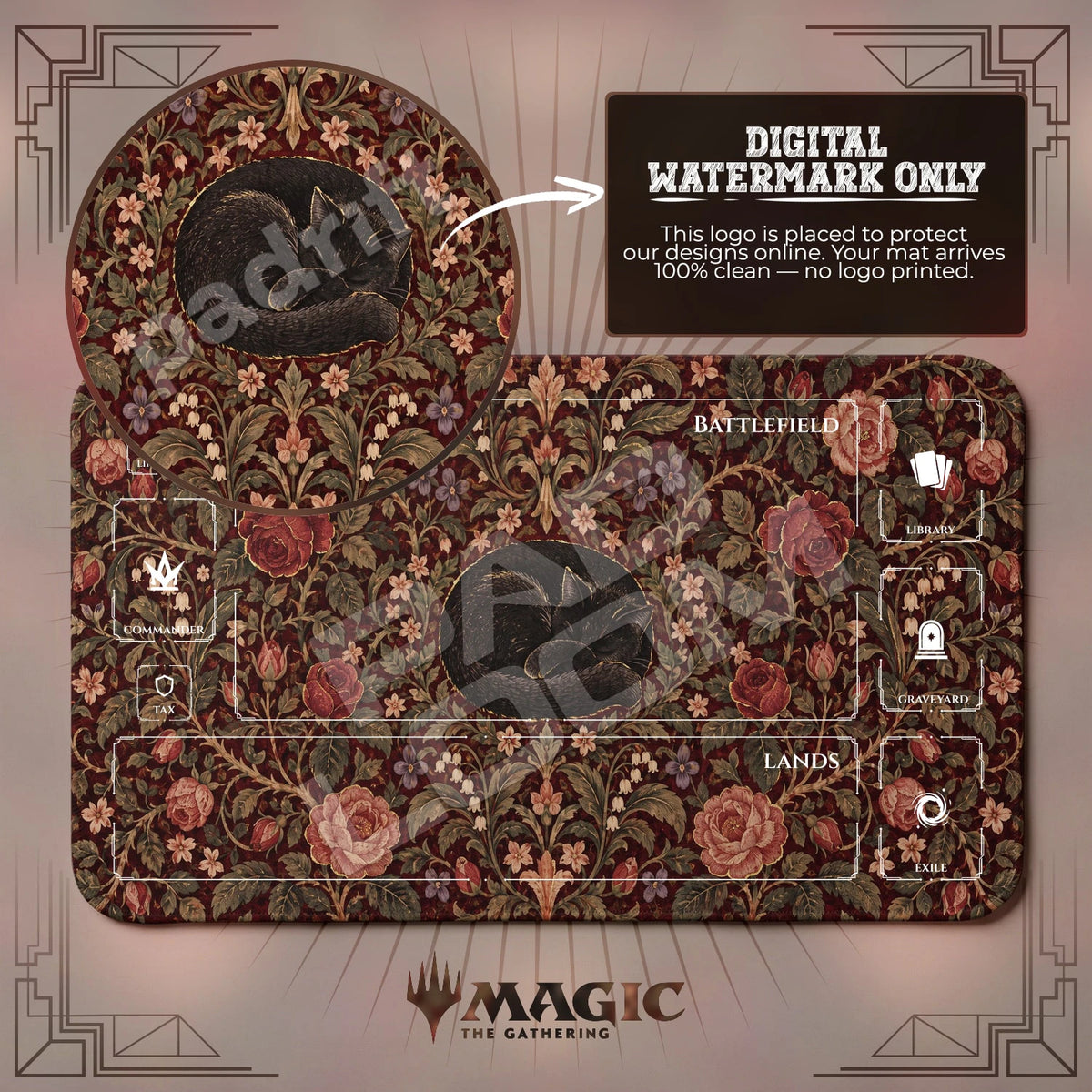 Black Cat Tapestry MTG playmat with zones; the Padloom watermark is digital only, not printed