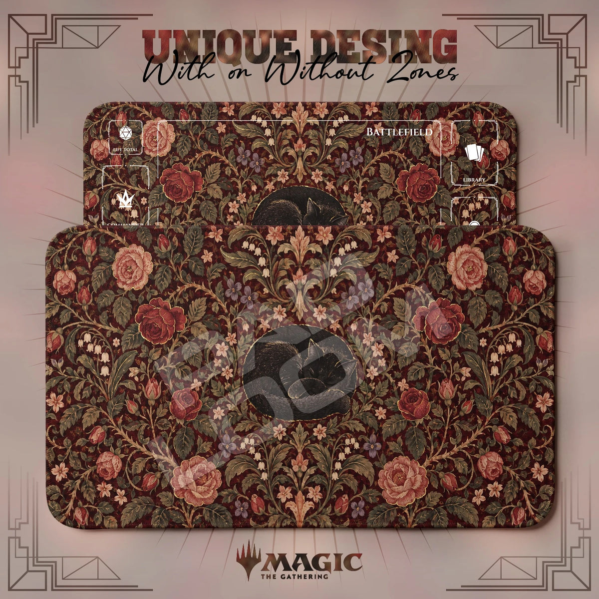 Black Cat Tapestry MTG playmat shown with zones and without zones