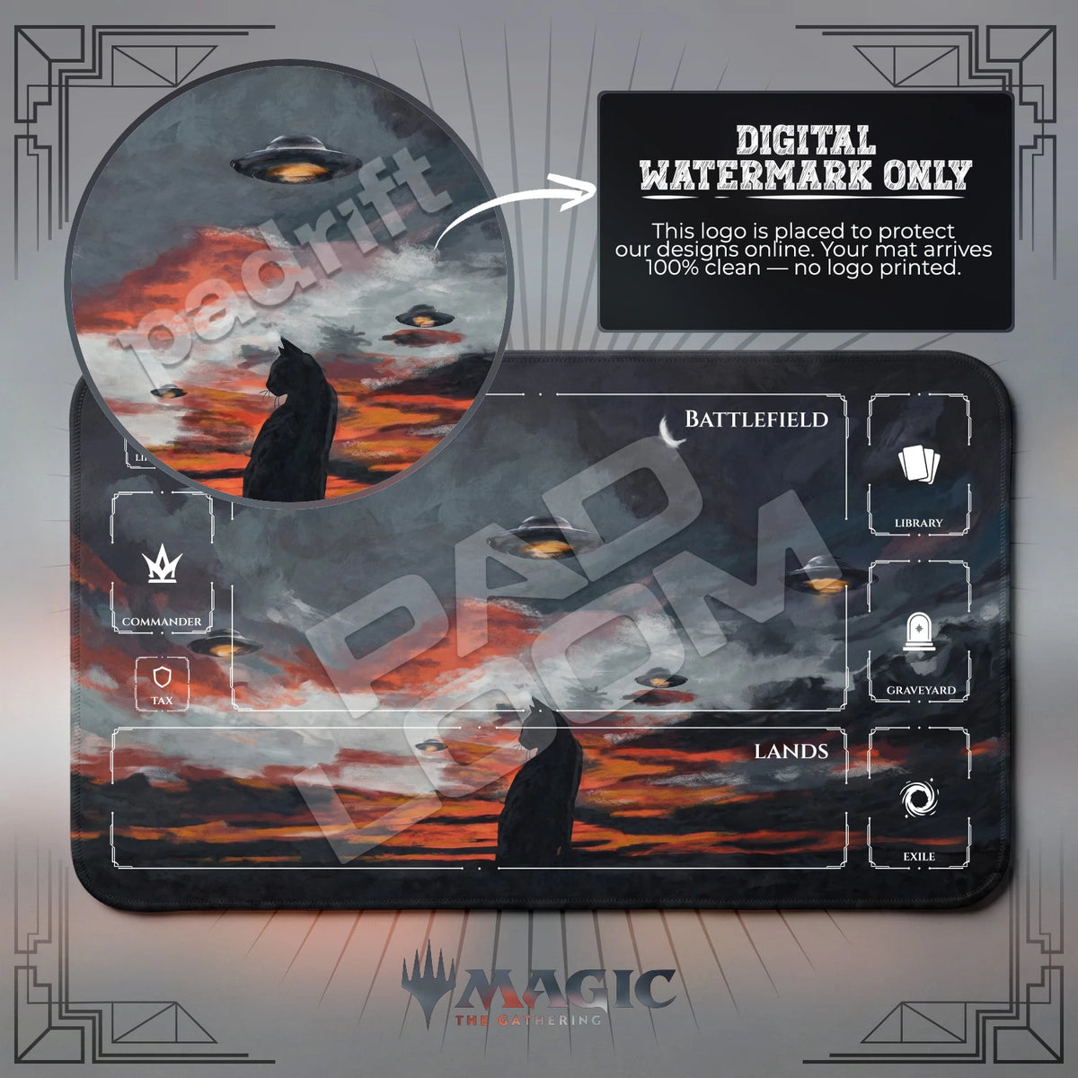Black Cat UFO MTG playmat with zones; the Padloom watermark is digital only, not printed