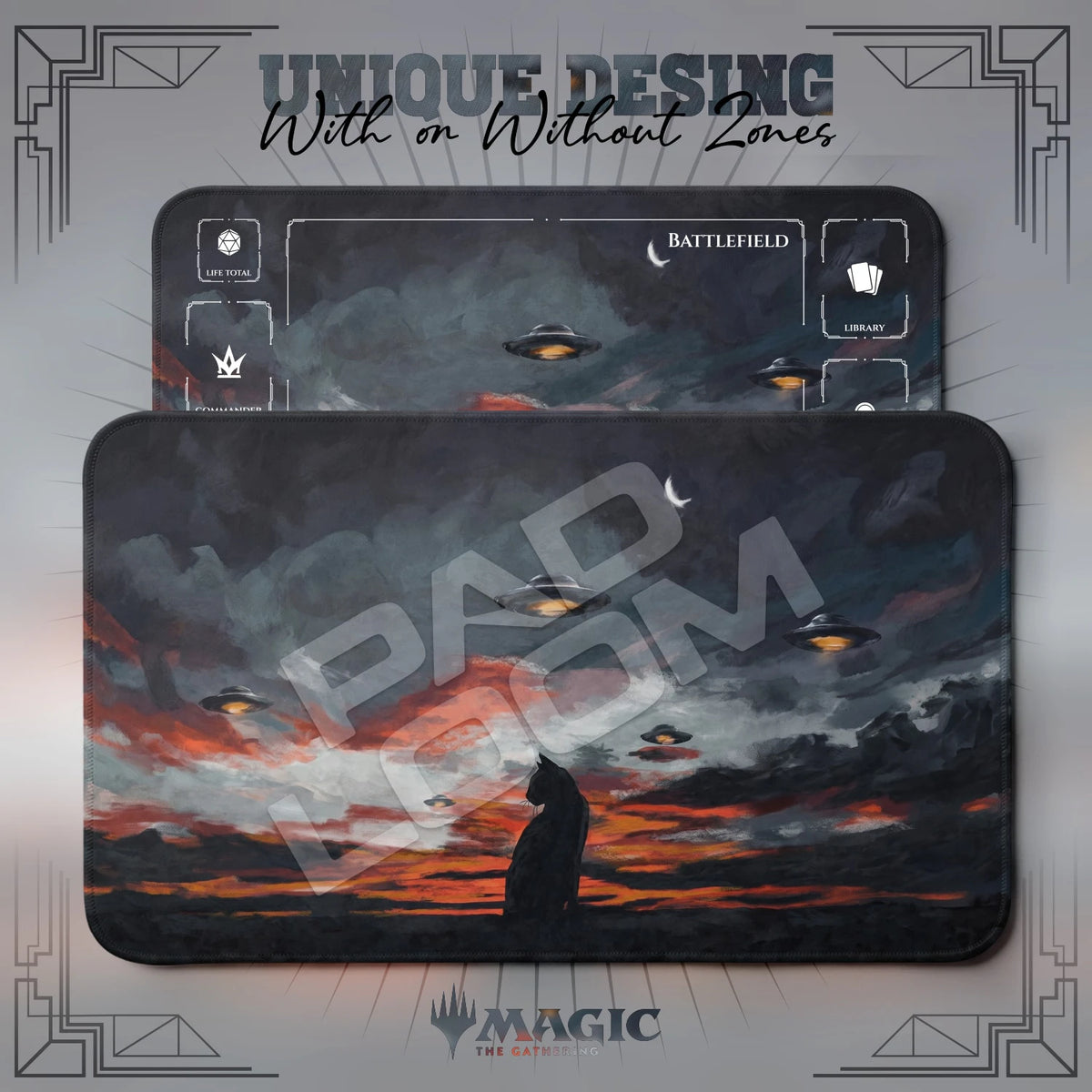 Black Cat UFO MTG playmat shown with zones and without zones
