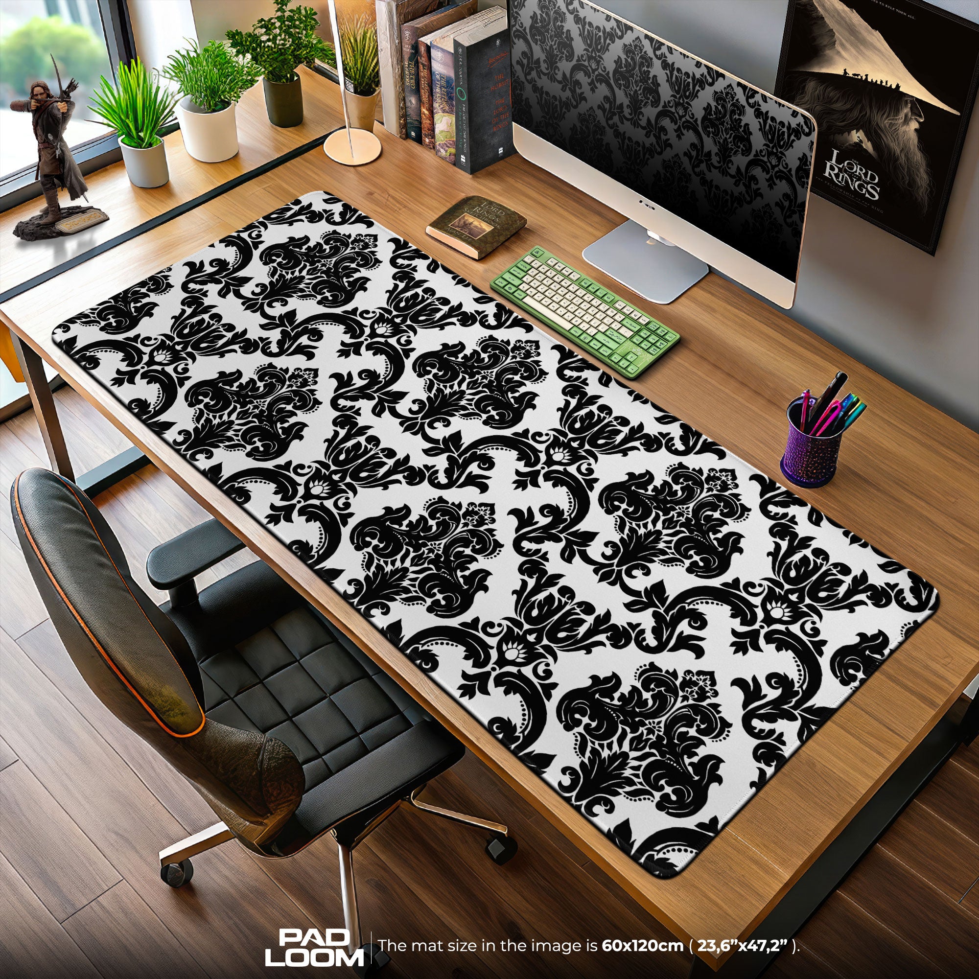 Black Damask Mouse Pad, Monochrome Baroque Gaming Desk Mat