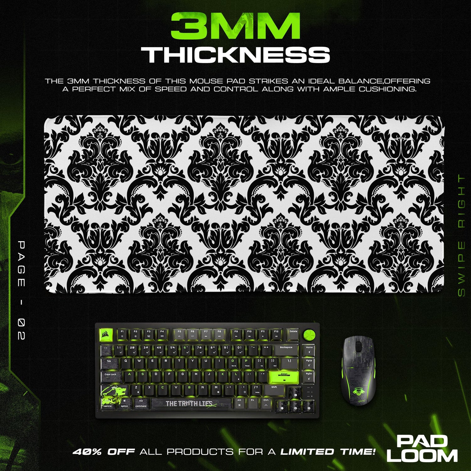 Black Damask Mouse Pad, Monochrome Baroque Gaming Desk Mat Padloom