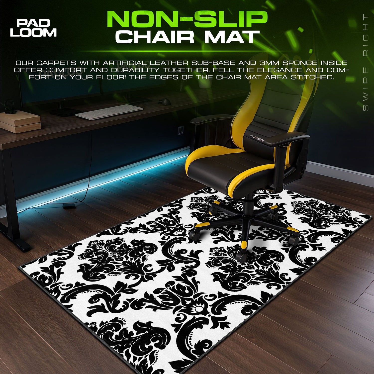 Black Damask Mouse Pad, Monochrome Baroque Gaming Desk Mat Padloom