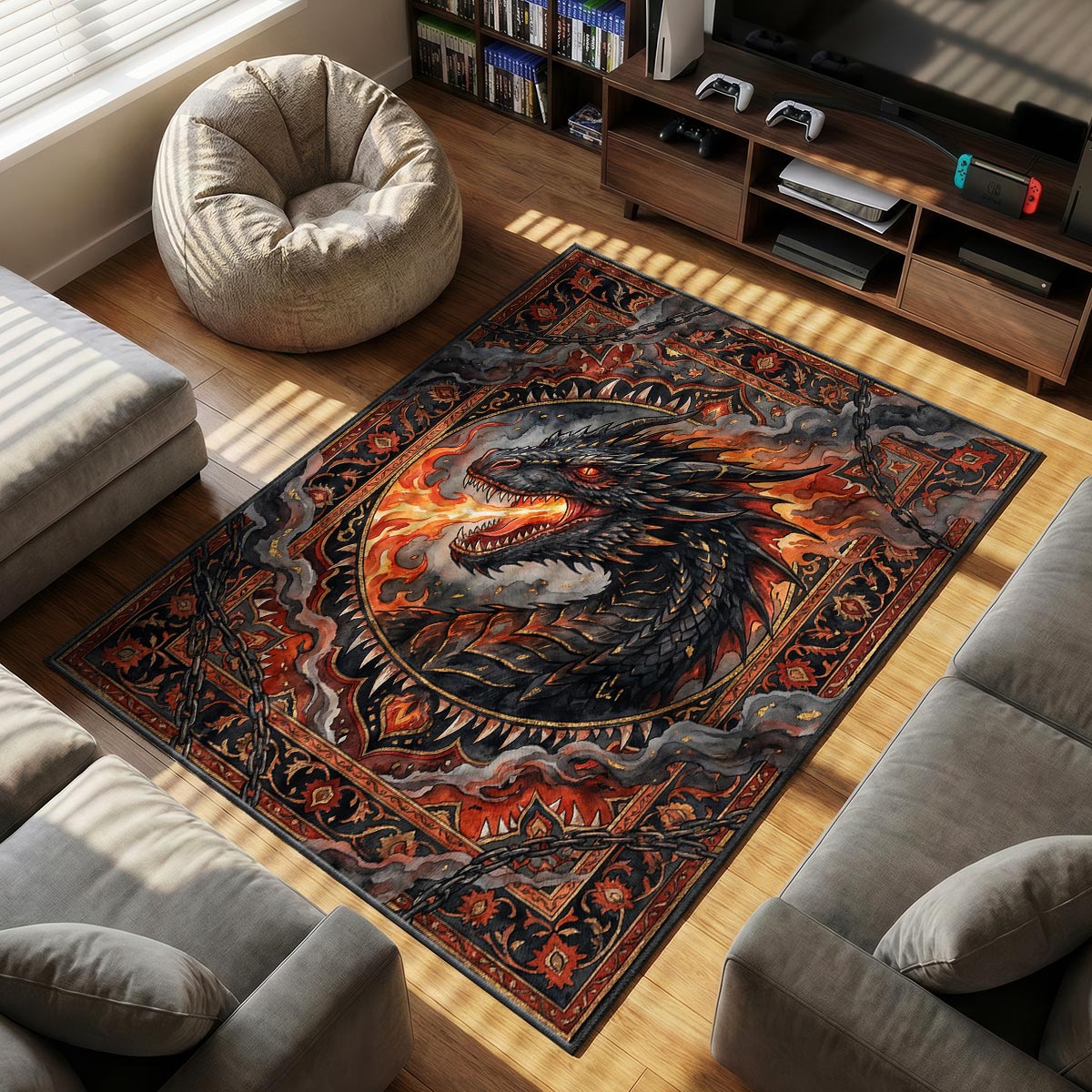 Black Dragon themed area rug for home decor fans