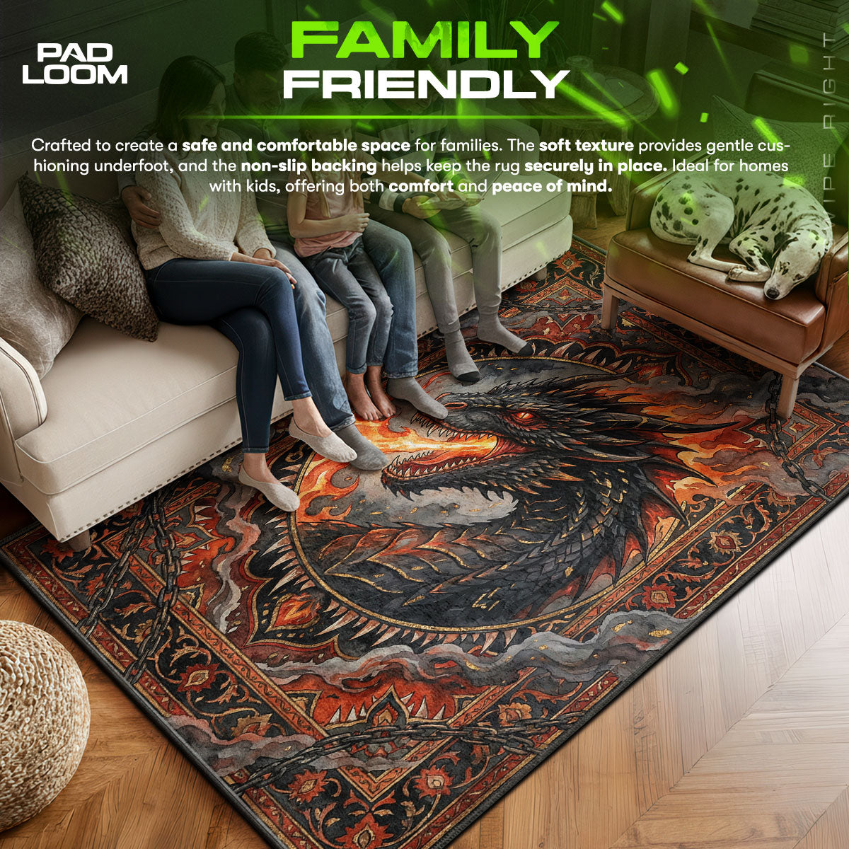 Black area rug showing full home decor artwork
