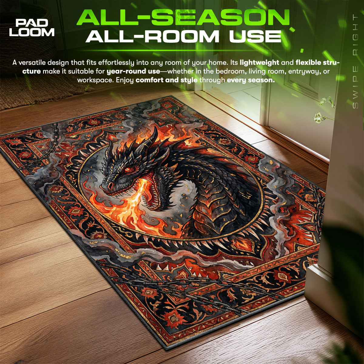Black Dragon Fire Game Thrones Room fan rug — premium quality print
