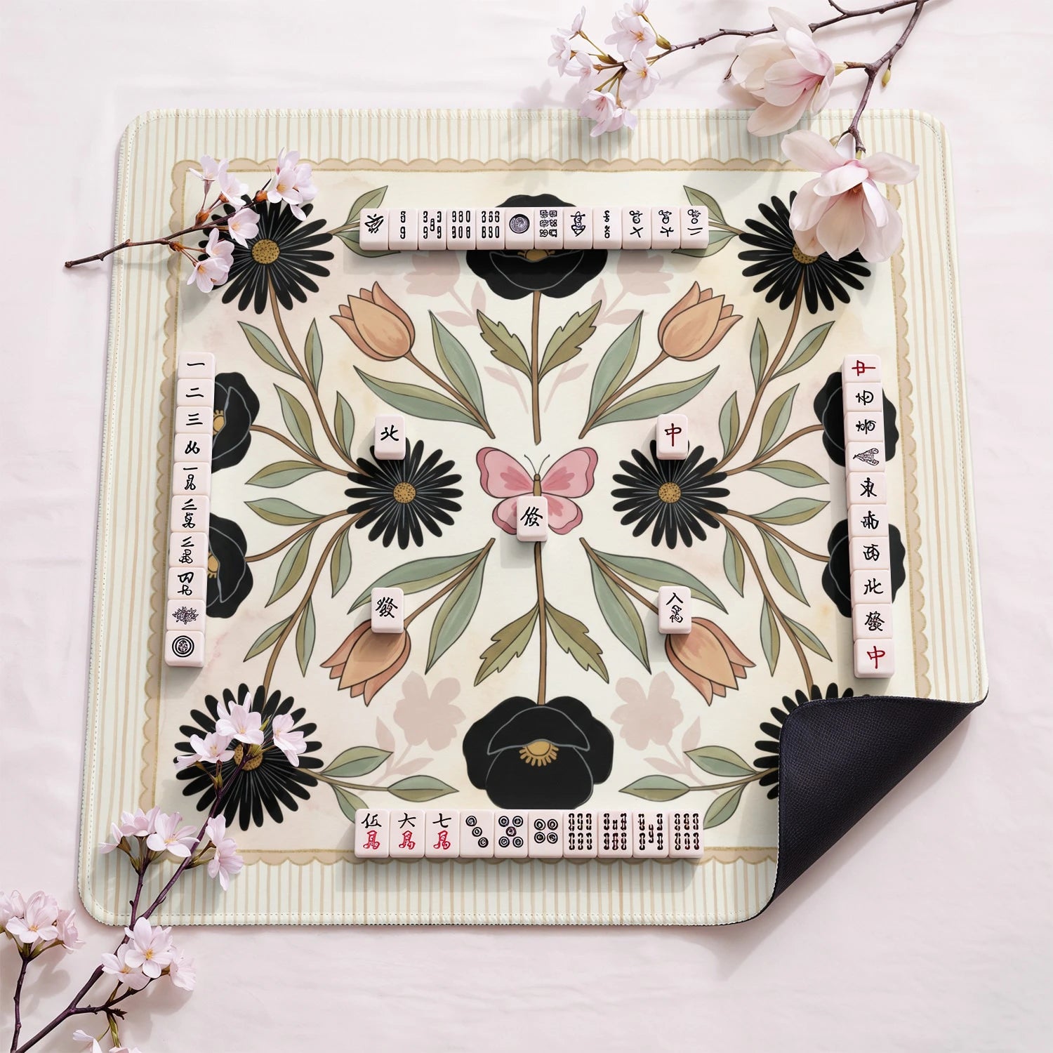 Black Folk Floral Mahjong Mat - Mah Jongg Mat