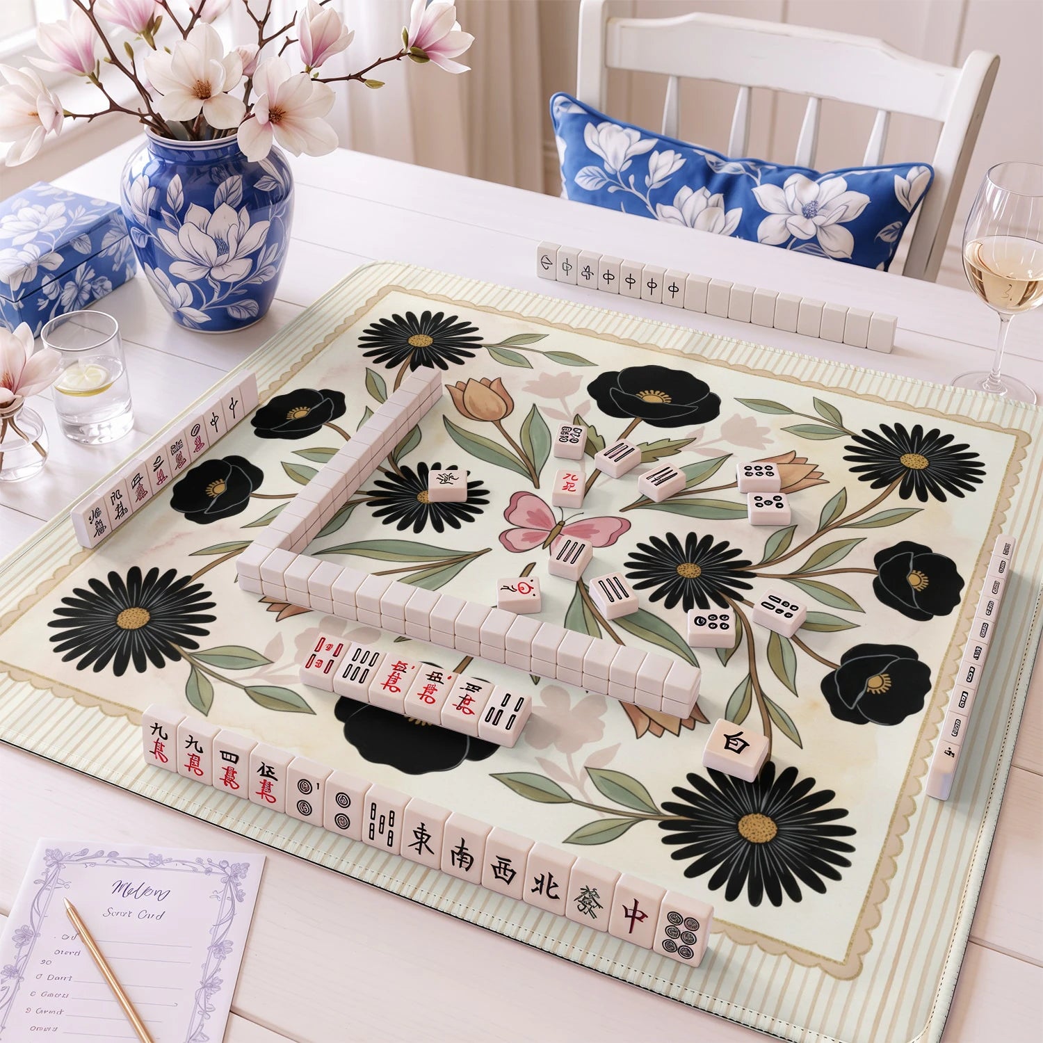 Black Folk Floral Mahjong Mat - Mah Jongg Mat