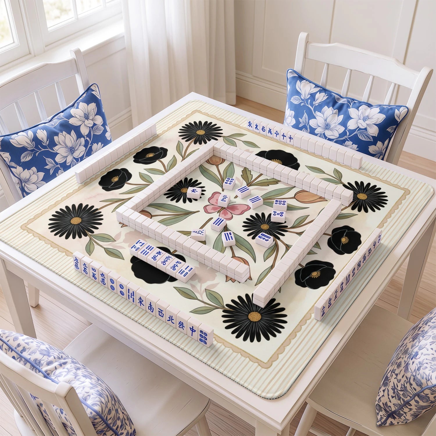 Black Folk Floral Mahjong Mat - Mah Jongg Mat