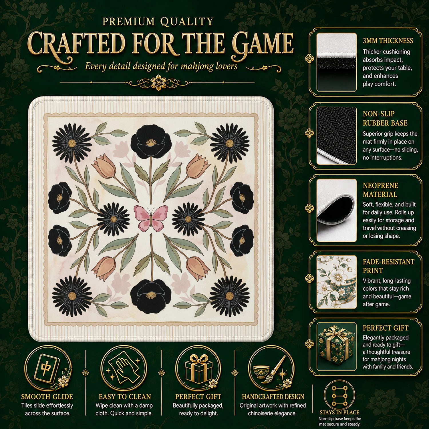 Black Folk Floral Mahjong Mat - Mah Jongg Mat