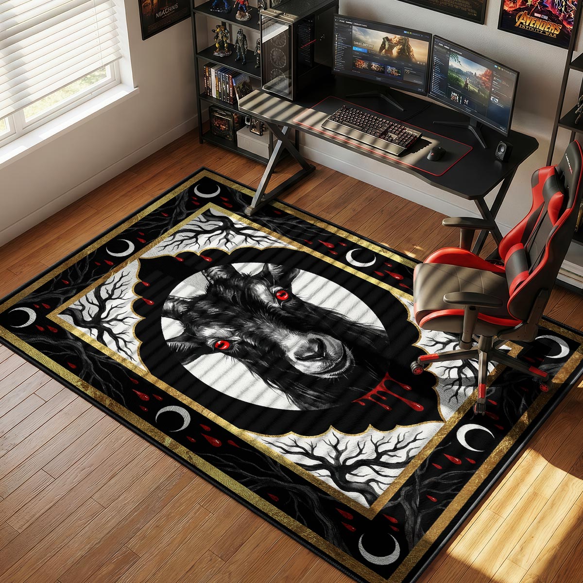 Black goat rug placed in a moody bedroom with black walls and gold accent lighting