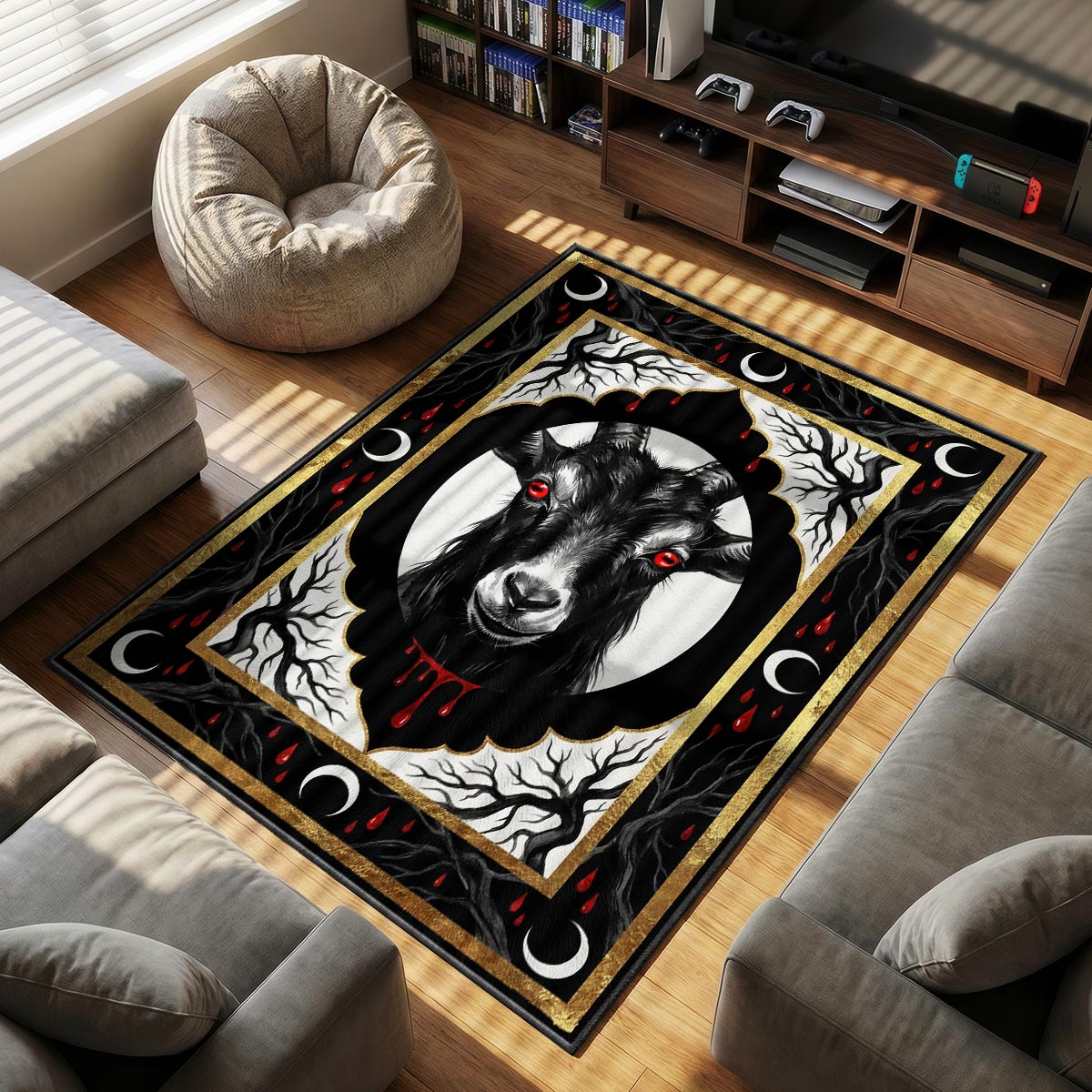 Close-up of black goat rug showing red eye detail and gold leaf frame on velvet texture