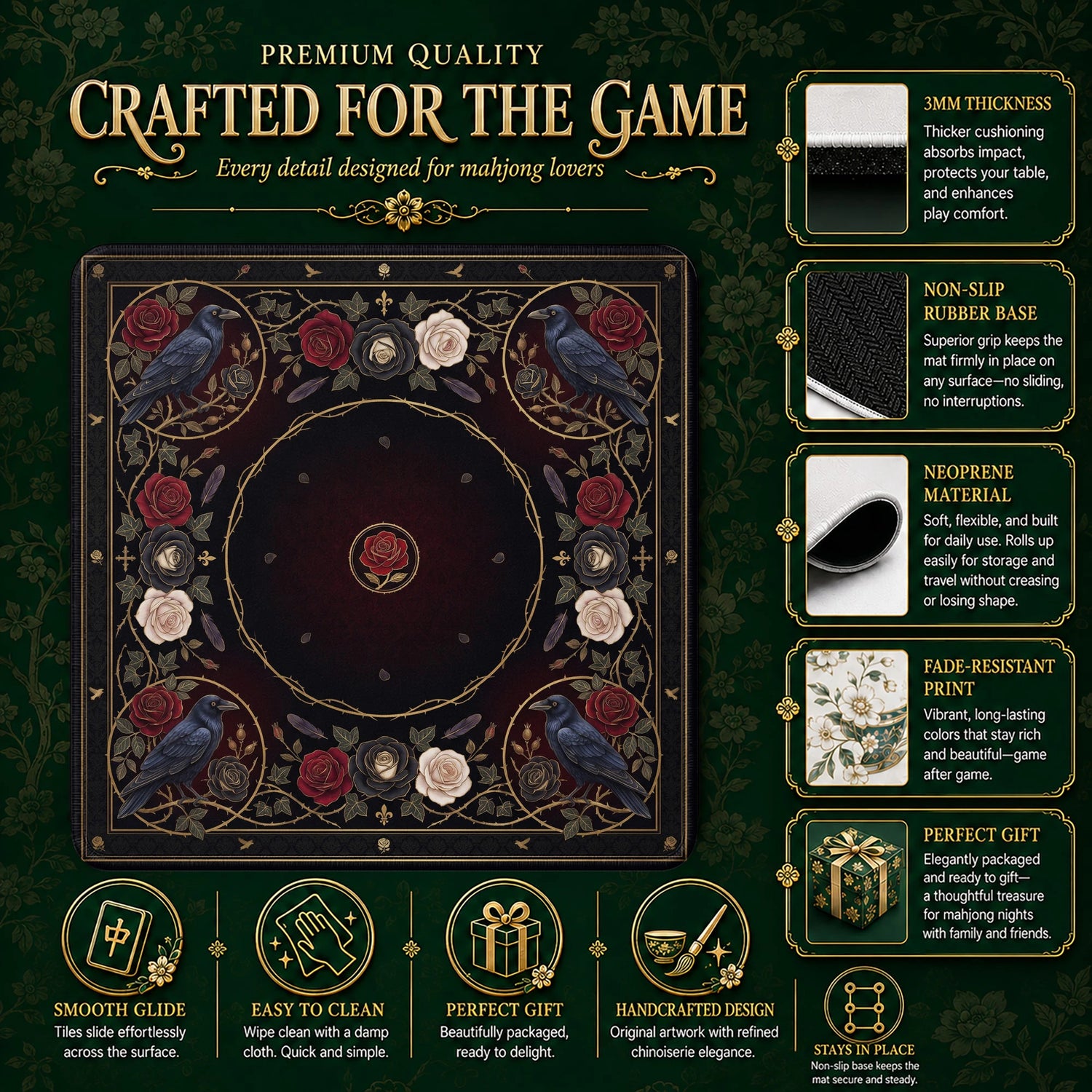 Black Gothic Raven Mahjong Mat - Mah Jongg Mat