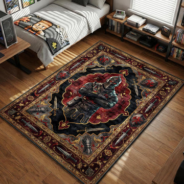 Fortnite Black Knight character with crossed arms surrounded by medieval swords and shields gaming area rug and floor mat
