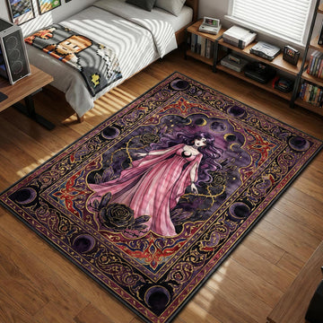 Black Lady in pink dress with dark crystals and black roses gothic art style area rug and floor mat