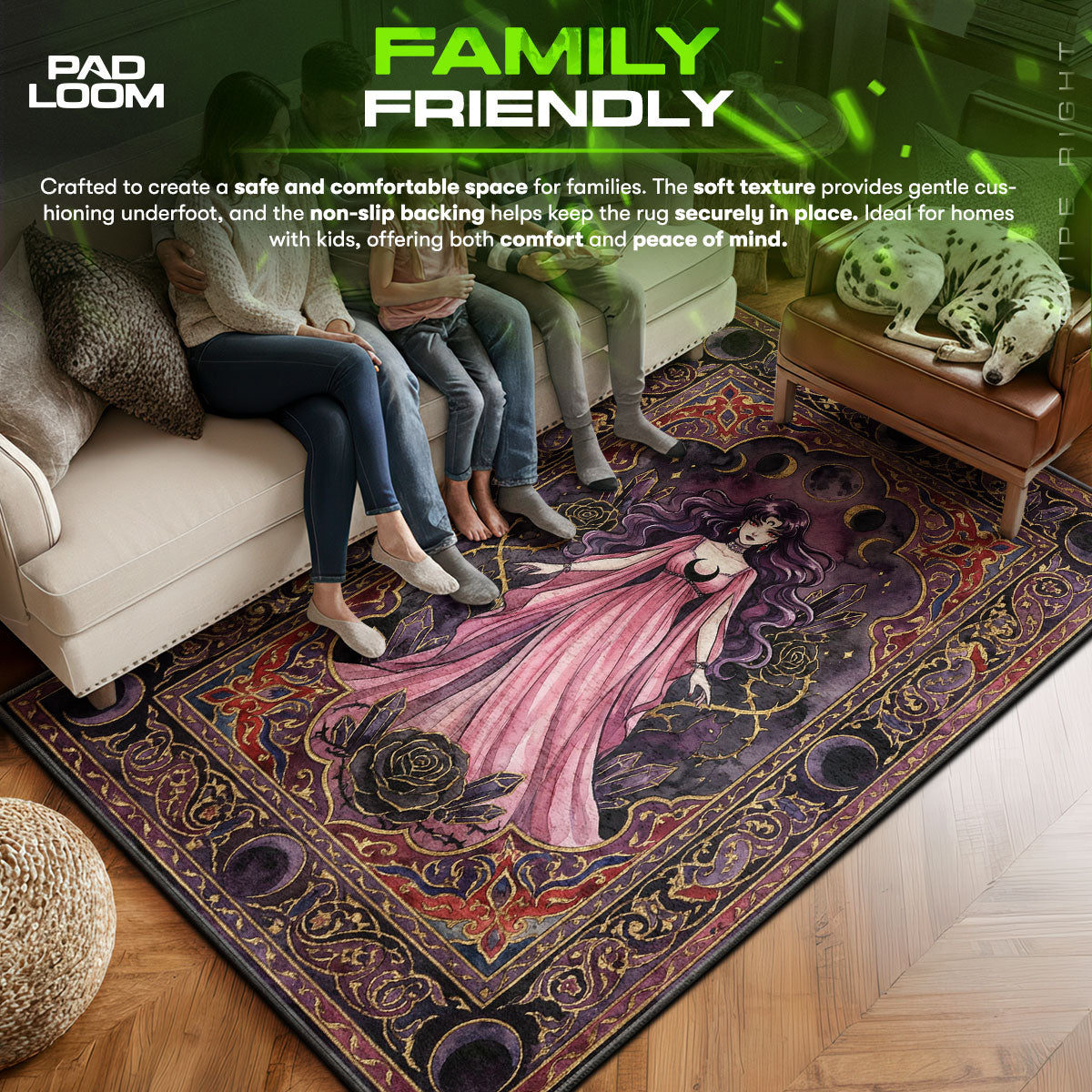 Black area rug showing full home decor artwork