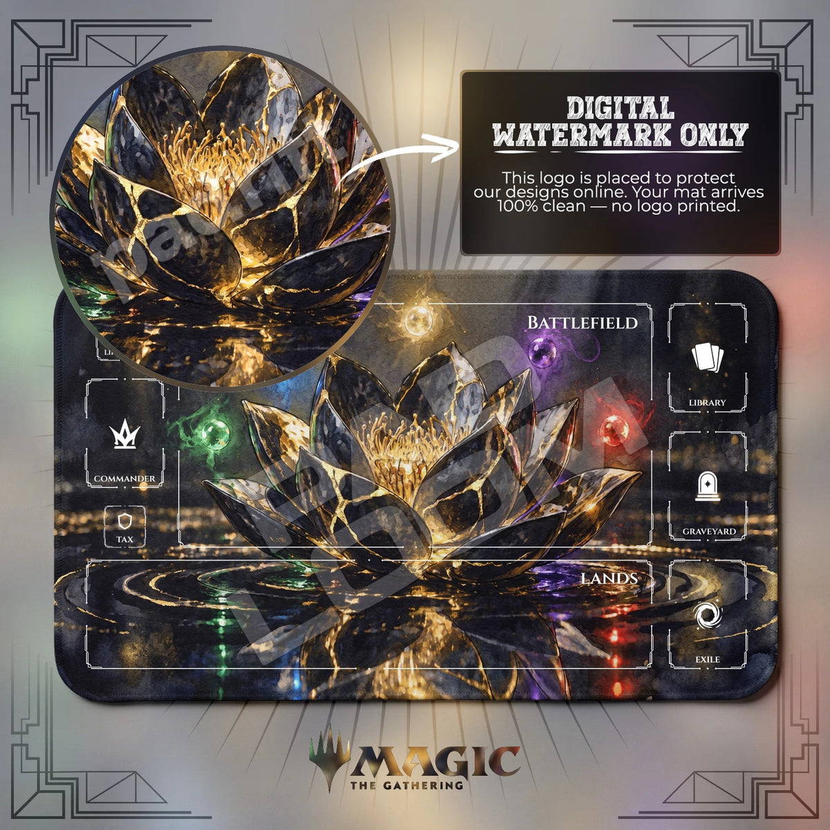 Black Lotus Kintsugi MTG playmat with zones; the Padloom watermark is digital only, not printed