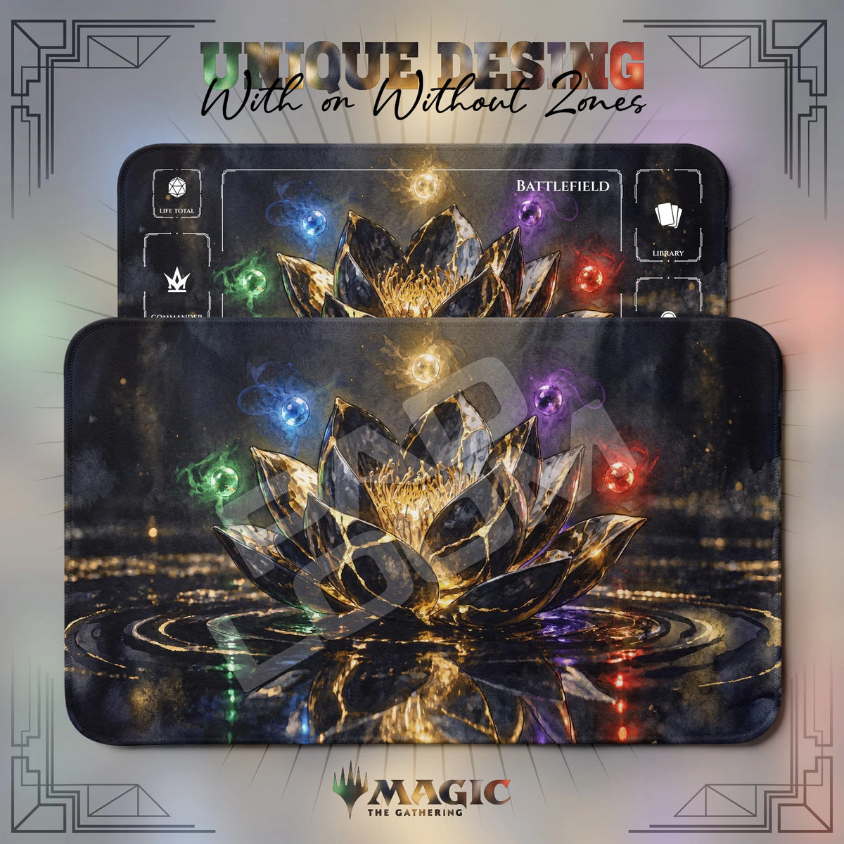 Black Lotus Kintsugi MTG playmat shown with zones and without zones
