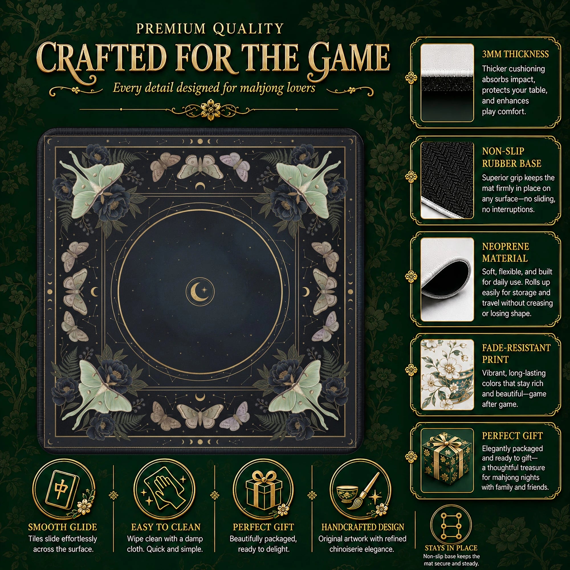 Black Luna Moth Mahjong Mat - Mah Jongg Mat