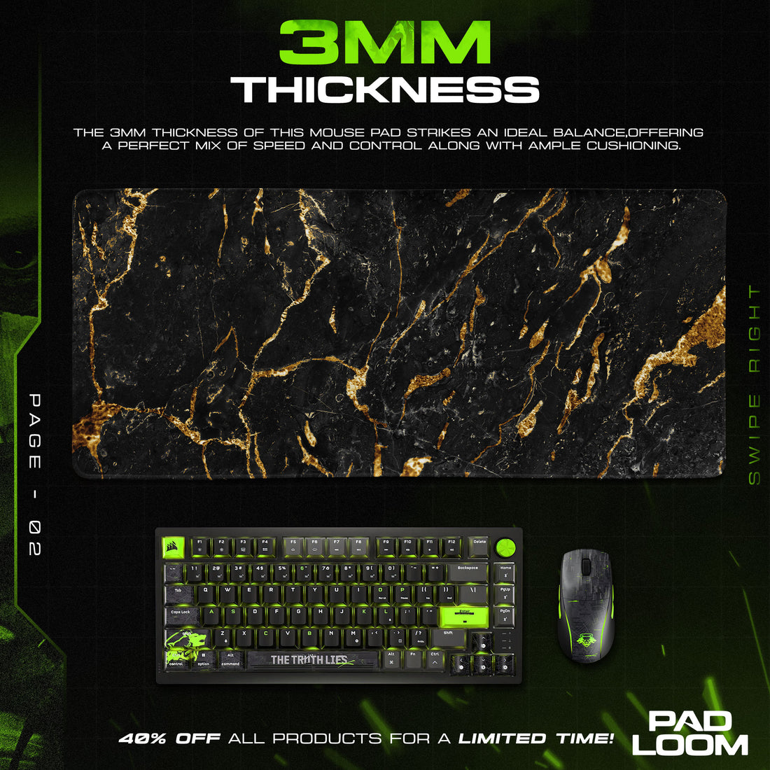 Black Marble Mouse Pad, Gold Vein Aesthetic Gaming Desk Mat