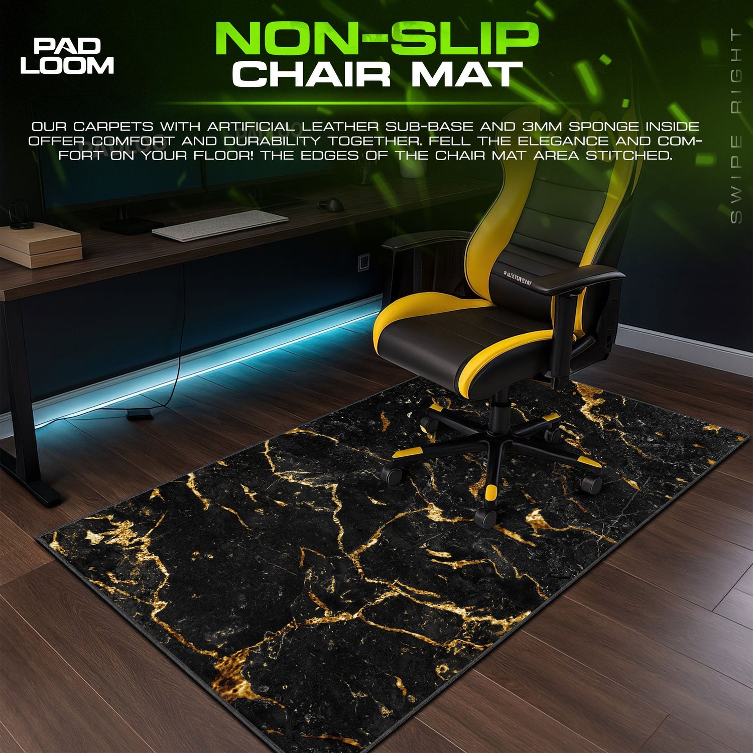Black Marble Mouse Pad, Gold Vein Aesthetic Gaming Desk Mat Padloom