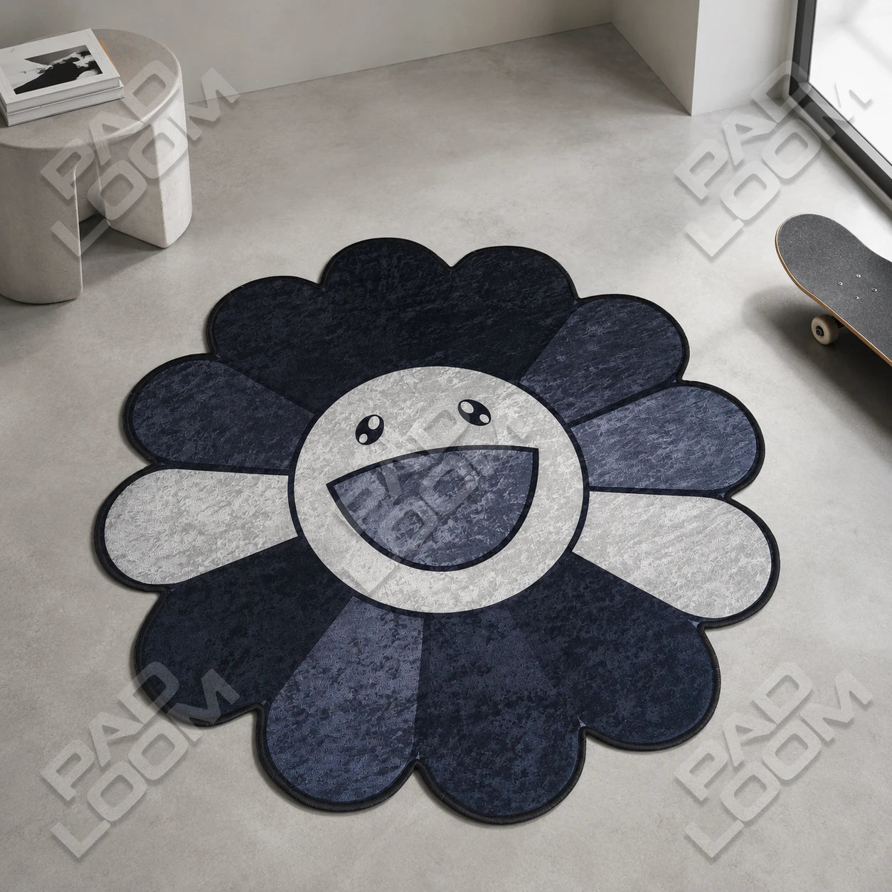 Black Murakami Flower shaped rug shown in a room setting